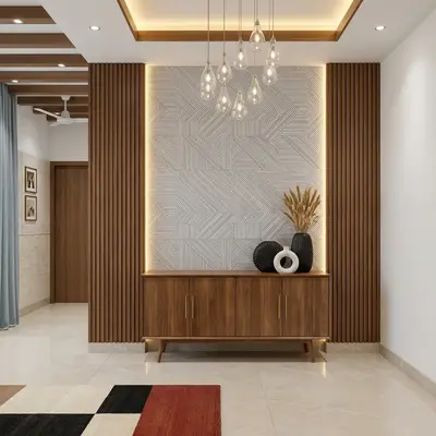 Modern foyer with walnut wood laminate console, geometric textured wall panel, and beige marble floor tile