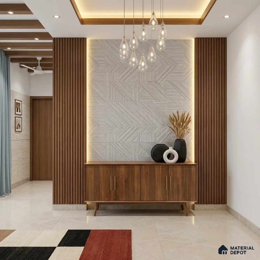 Modern foyer with walnut wood laminate console, geometric textured wall panel, and beige marble floor tile