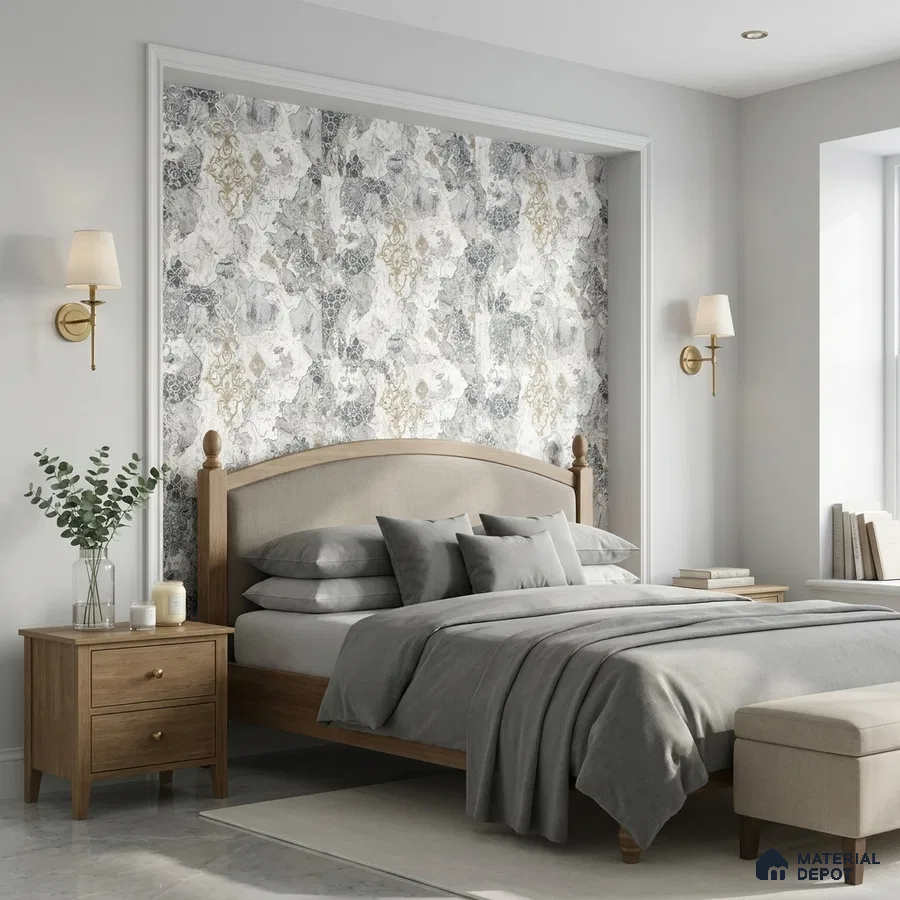 Modern bedroom with patterned wallpaper accent wall and light oak wood bed