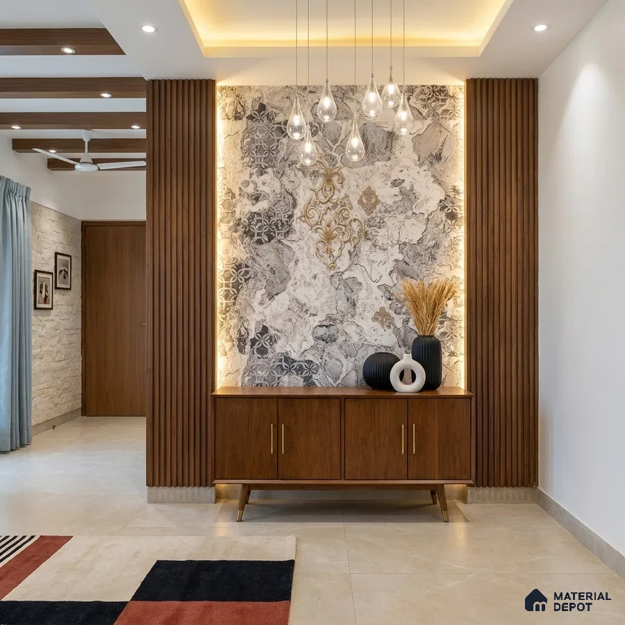 Modern foyer with walnut wood louvers, patterned marble accent wall, and beige floor tiles