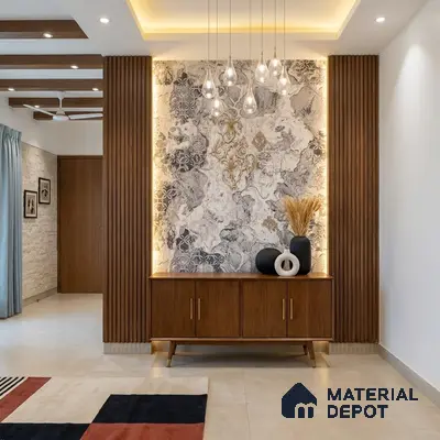 Modern foyer with walnut wood louvers, patterned marble accent wall, and beige floor tiles