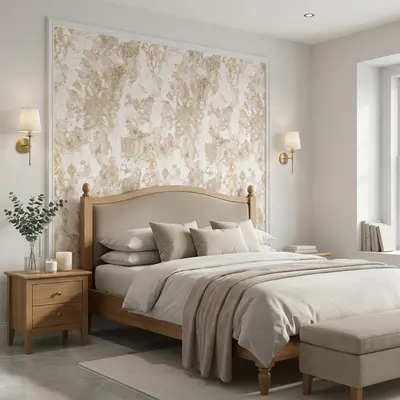 Scandinavian bedroom with beige patterned wallpaper and natural oak wood bed
