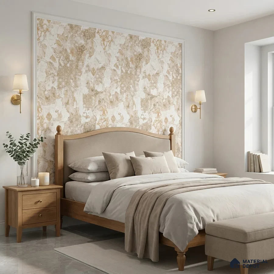 Scandinavian bedroom with beige patterned wallpaper and natural oak wood bed