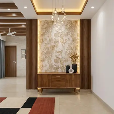 Modern foyer with walnut wood laminate, marble accent wall, and backlit decorative panels