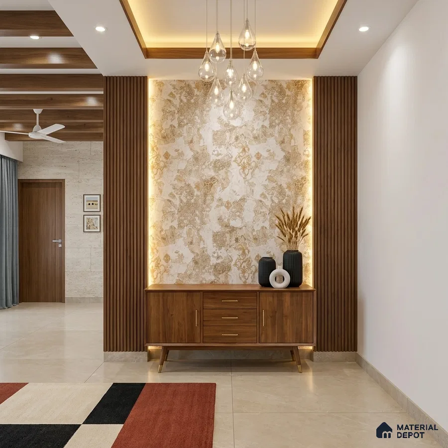 Modern foyer with walnut wood laminate, marble accent wall, and backlit decorative panels