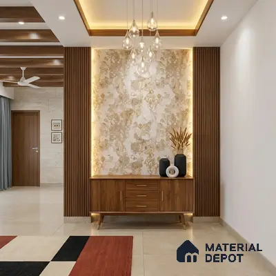 Modern foyer with walnut wood laminate, marble accent wall, and backlit decorative panels