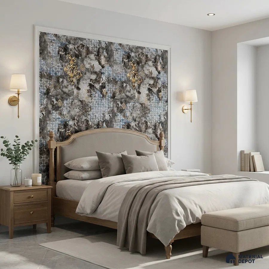 Transitional bedroom with abstract patterned wallpaper accent and light oak wood bed