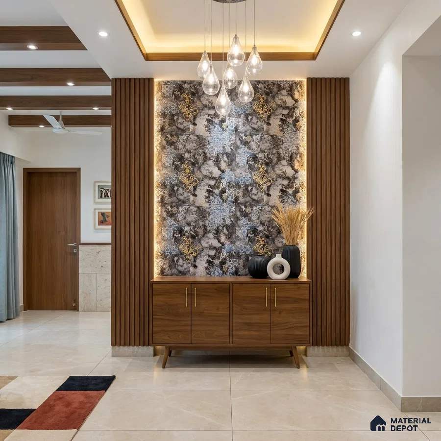 Modern foyer with walnut wood laminate, marble-look luxury backlit panel, and beige floor tiles