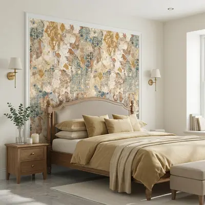 Traditional bedroom with patterned wallpaper accent wall and natural wood bed frame