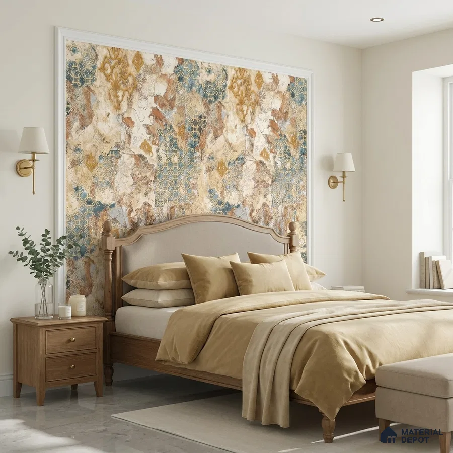 Traditional bedroom with patterned wallpaper accent wall and natural wood bed frame