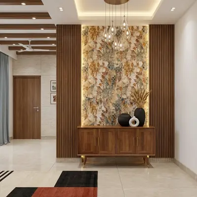 Modern foyer with walnut wood laminate louvers and marble-look luxury accent wall panel