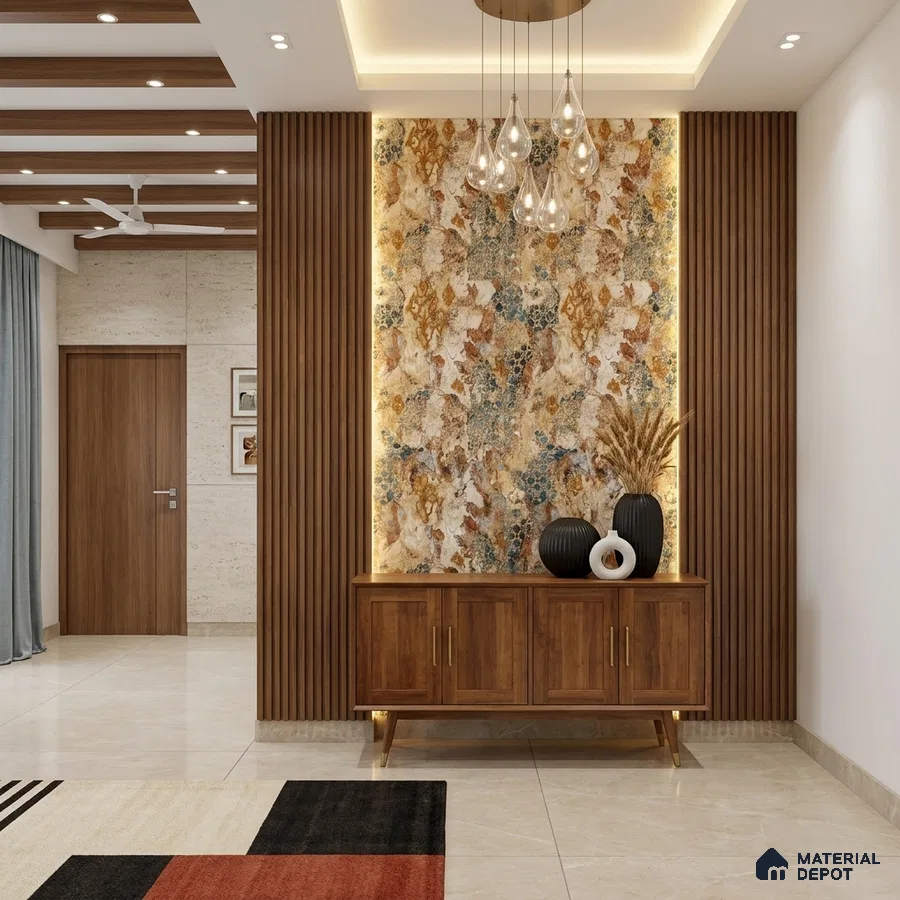 Modern foyer with walnut wood laminate louvers and marble-look luxury accent wall panel