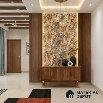Modern foyer with walnut wood laminate louvers and marble-look luxury accent wall panel