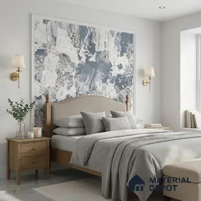 Scandinavian bedroom with abstract blue and white wallpaper and light oak wood bed