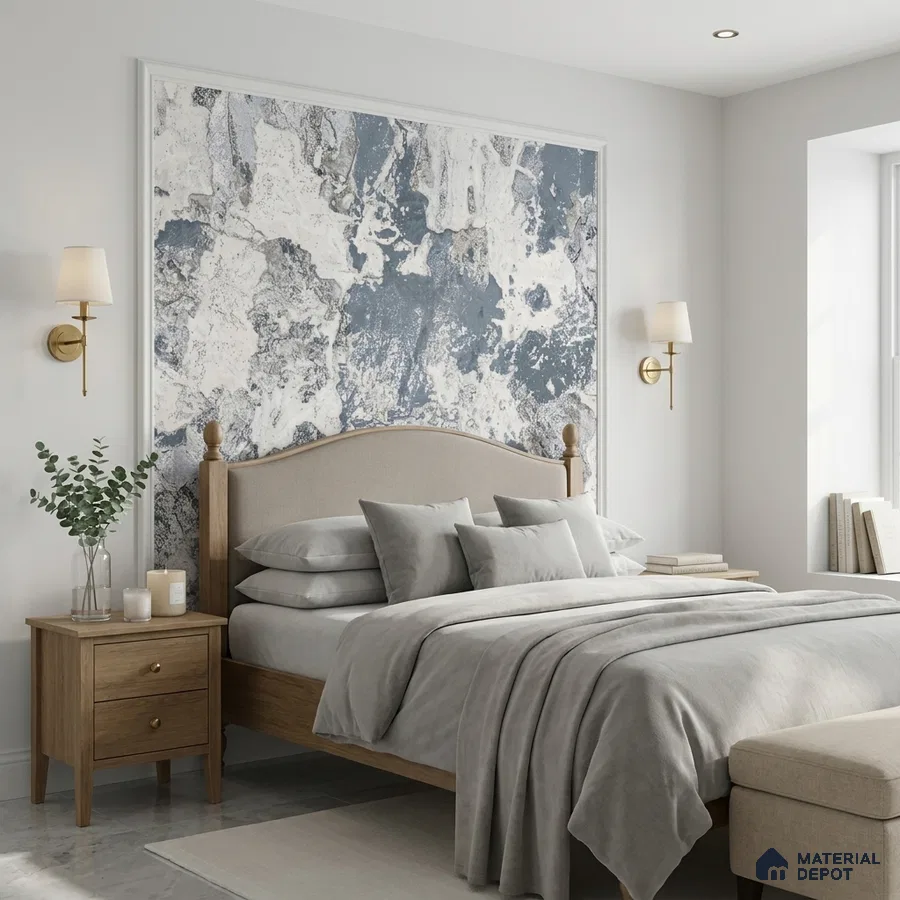 Scandinavian bedroom with abstract blue and white wallpaper and light oak wood bed