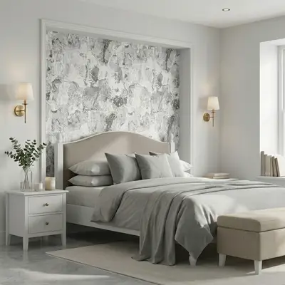 Minimalist bedroom with grey abstract wallpaper accent and beige upholstered bed