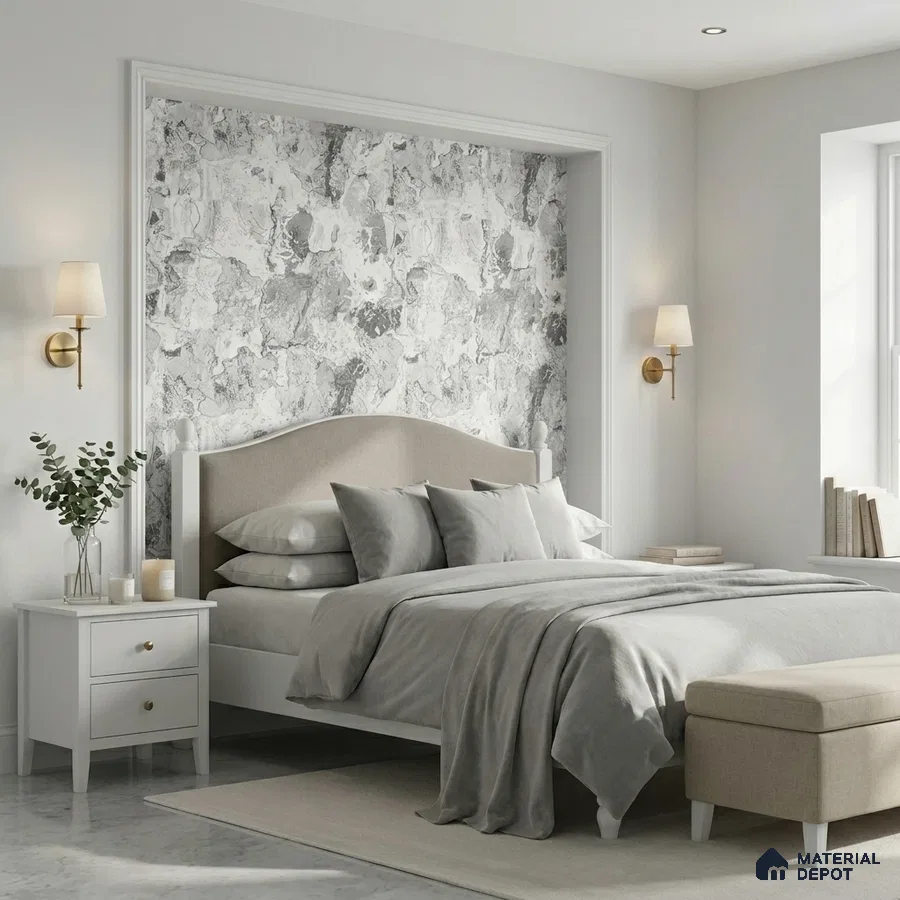 Minimalist bedroom with grey abstract wallpaper accent and beige upholstered bed