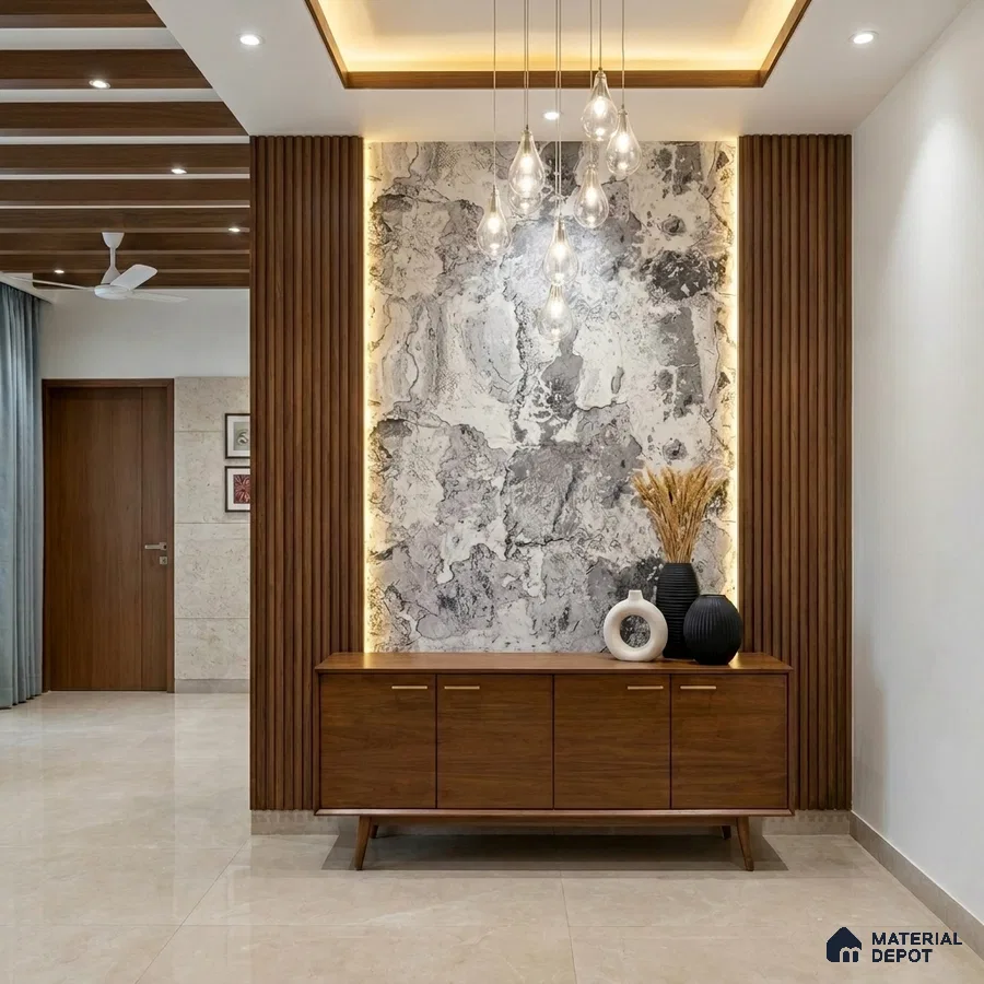 Modern foyer with walnut wood laminate, marble accent wall, and backlit panels