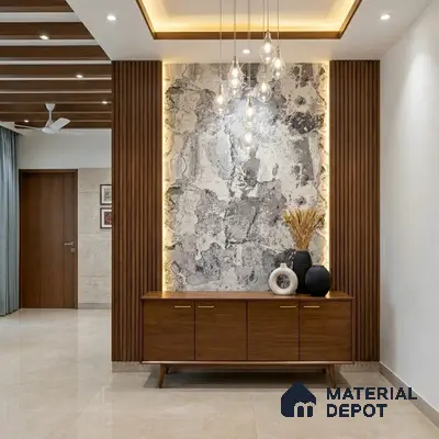 Modern foyer with walnut wood laminate, marble accent wall, and backlit panels