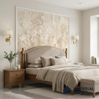 Scandinavian bedroom with beige marble accent wall and natural wood bed frame