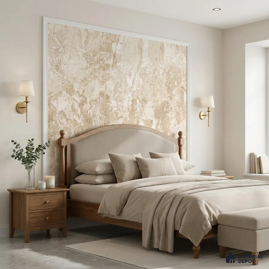 Scandinavian bedroom with beige marble accent wall and natural wood bed frame