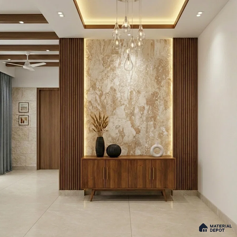 Modern foyer with walnut wood laminate console, beige marble accent wall, and wooden fluted panels