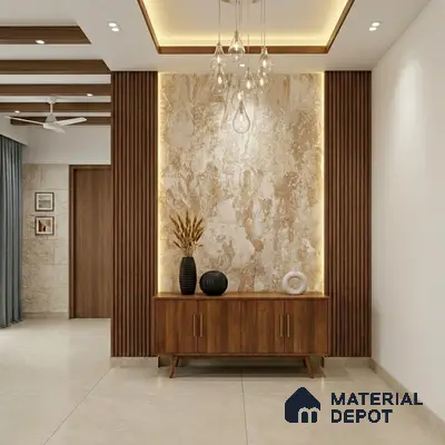 Modern foyer with walnut wood laminate console, beige marble accent wall, and wooden fluted panels