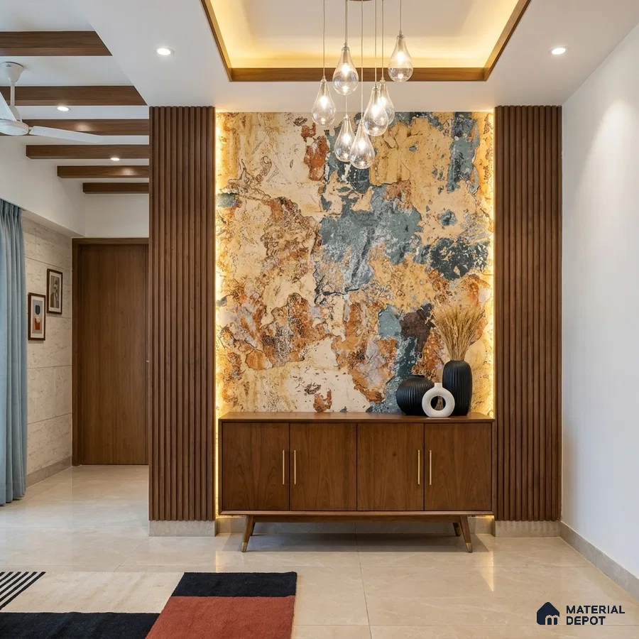 Mid-century modern foyer with abstract stone accent wall, walnut wood louvers, and beige marble floor tile