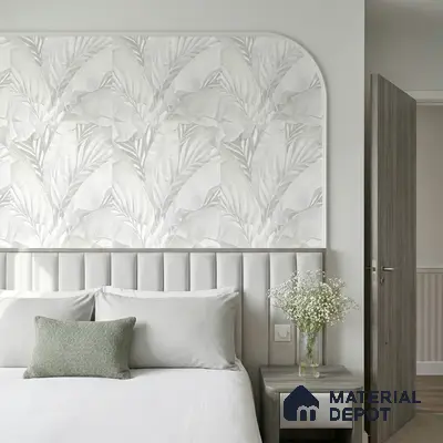Minimalist bedroom with grey suede upholstered headboard and tropical patterned wallpaper accent wall
