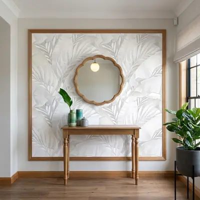 Scandinavian foyer with light wood console, botanical wallpaper, and wood flooring