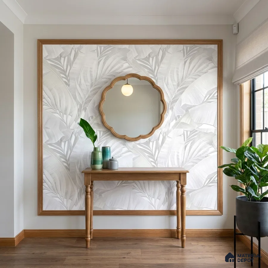 Scandinavian foyer with light wood console, botanical wallpaper, and wood flooring