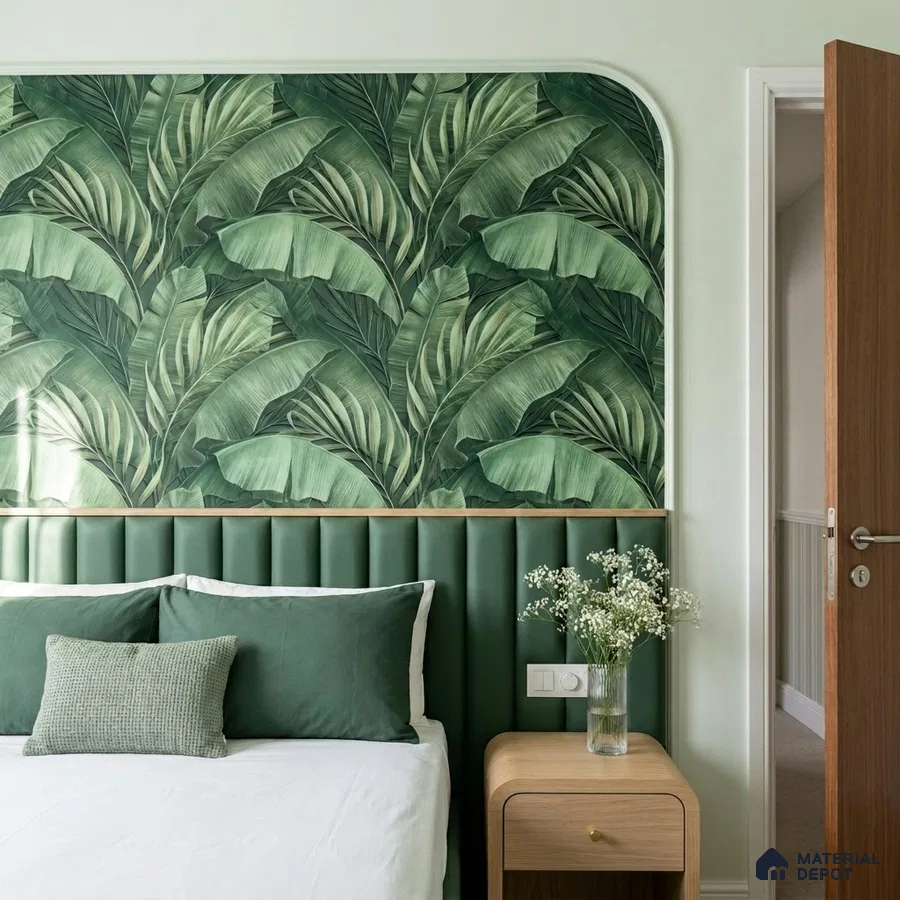 Modern bedroom with tropical wallpaper and sage green fluted upholstered headboard