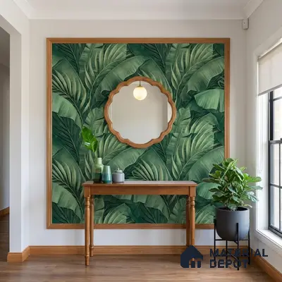 Modern foyer with tropical green wallpaper, natural wood console, and wooden flooring