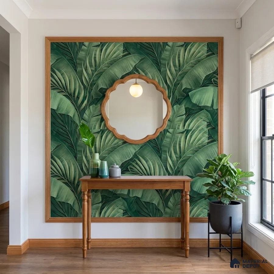 Modern foyer with tropical green wallpaper, natural wood console, and wooden flooring