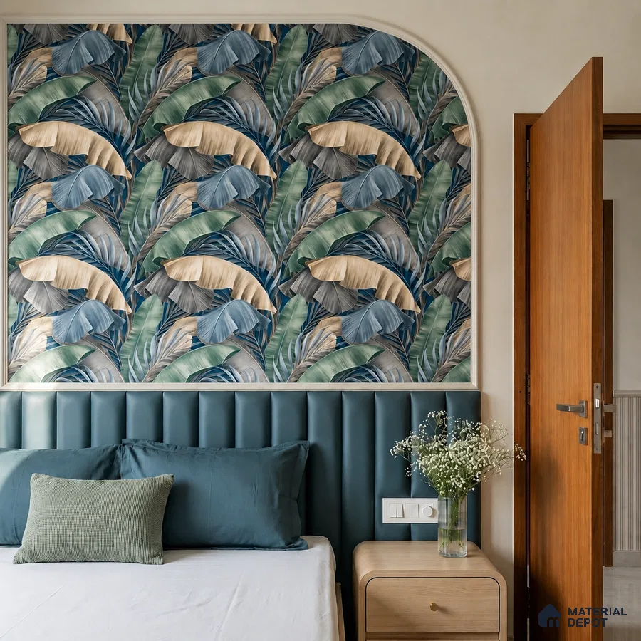 Modern bedroom with tropical wallpaper and teal upholstered headboard