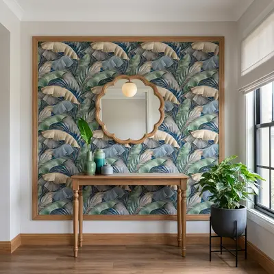 Eclectic foyer with tropical wallpaper, natural wood console, and wooden flooring