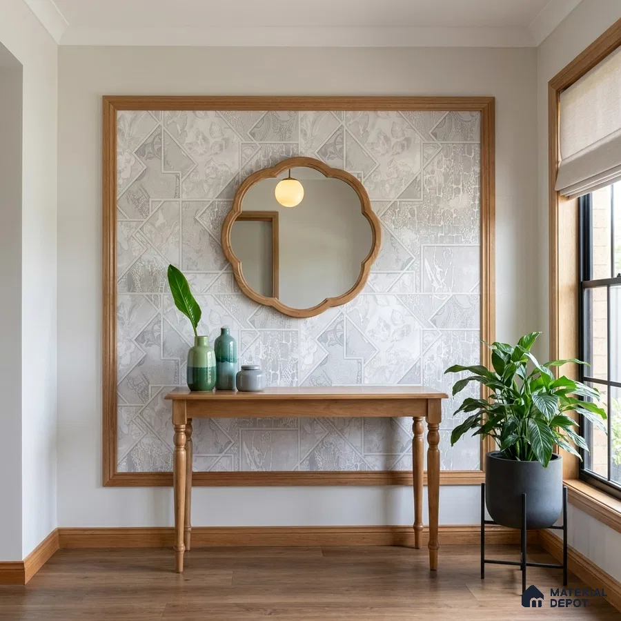 Scandinavian foyer with patterned grey wall tiles and natural oak wood console table