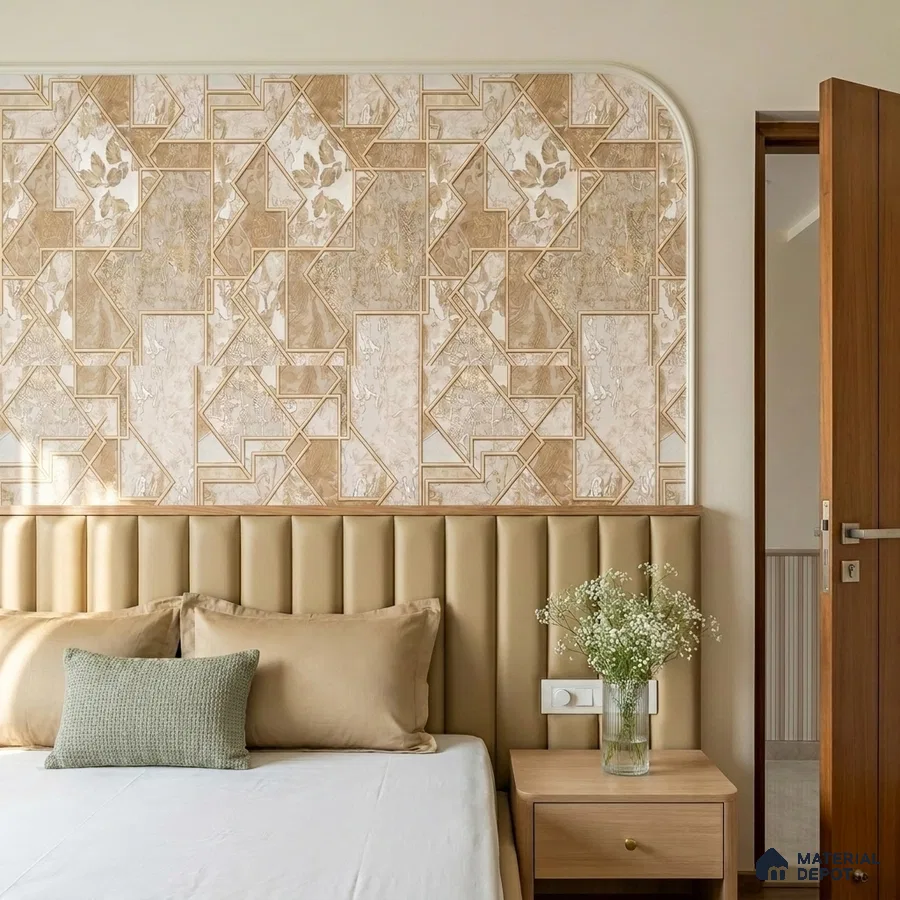 Art Deco bedroom with geometric patterned wallpaper and beige suede upholstered headboard