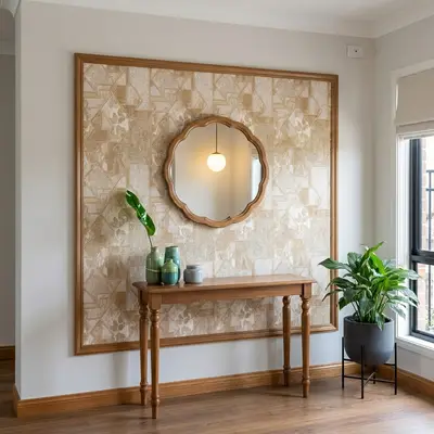 Modern foyer with beige geometric patterned wall tile and oak wood console table
