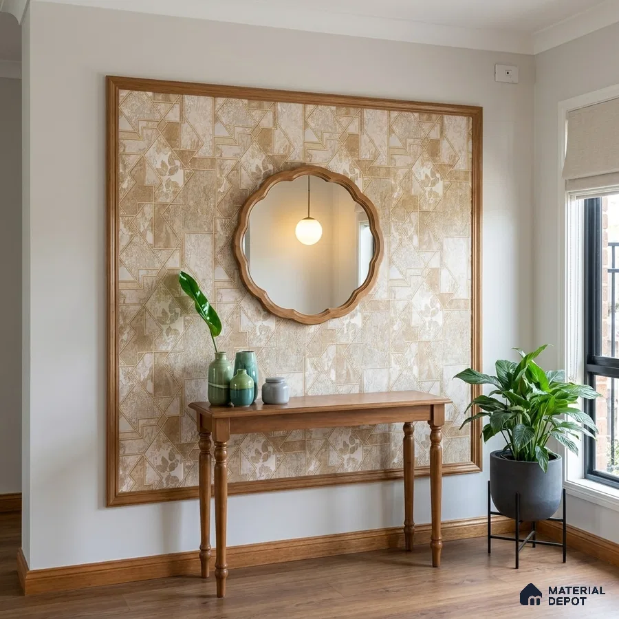 Modern foyer with beige geometric patterned wall tile and oak wood console table