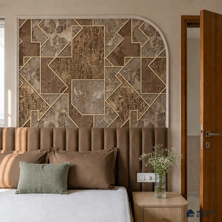 Art Deco bedroom with geometric stone accent wall and suede upholstered headboard