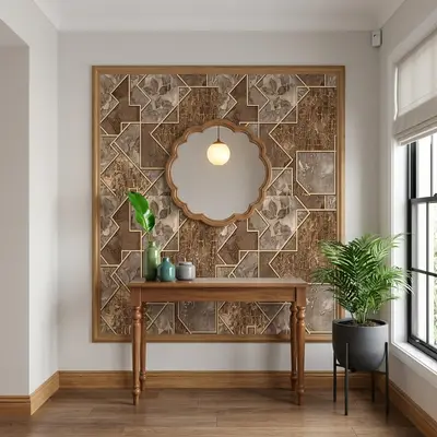 Eclectic foyer with geometric wood and stone accent wall, gold decorative profiles, and wooden flooring