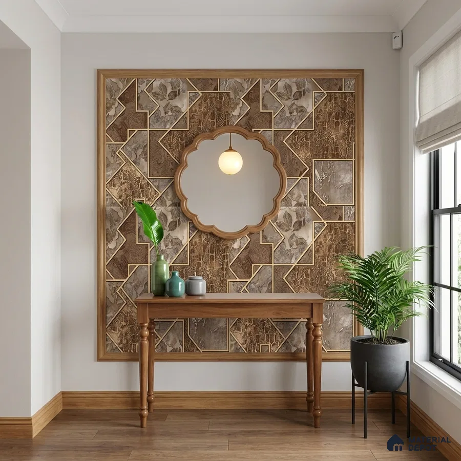 Eclectic foyer with geometric wood and stone accent wall, gold decorative profiles, and wooden flooring