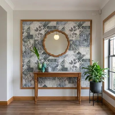 Eclectic foyer with geometric patterned wallpaper, wooden console, and wood flooring
