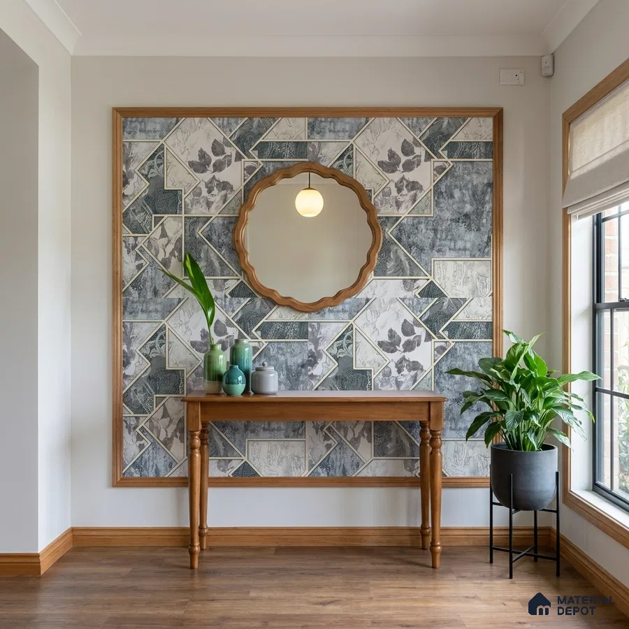 Eclectic foyer with geometric patterned wallpaper, wooden console, and wood flooring