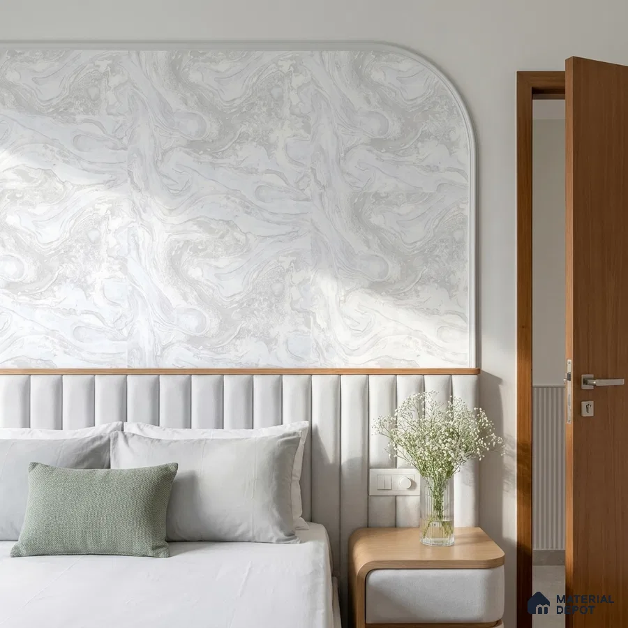 Scandinavian bedroom with marble-look wallpaper, suede upholstered headboard, and light wood accents