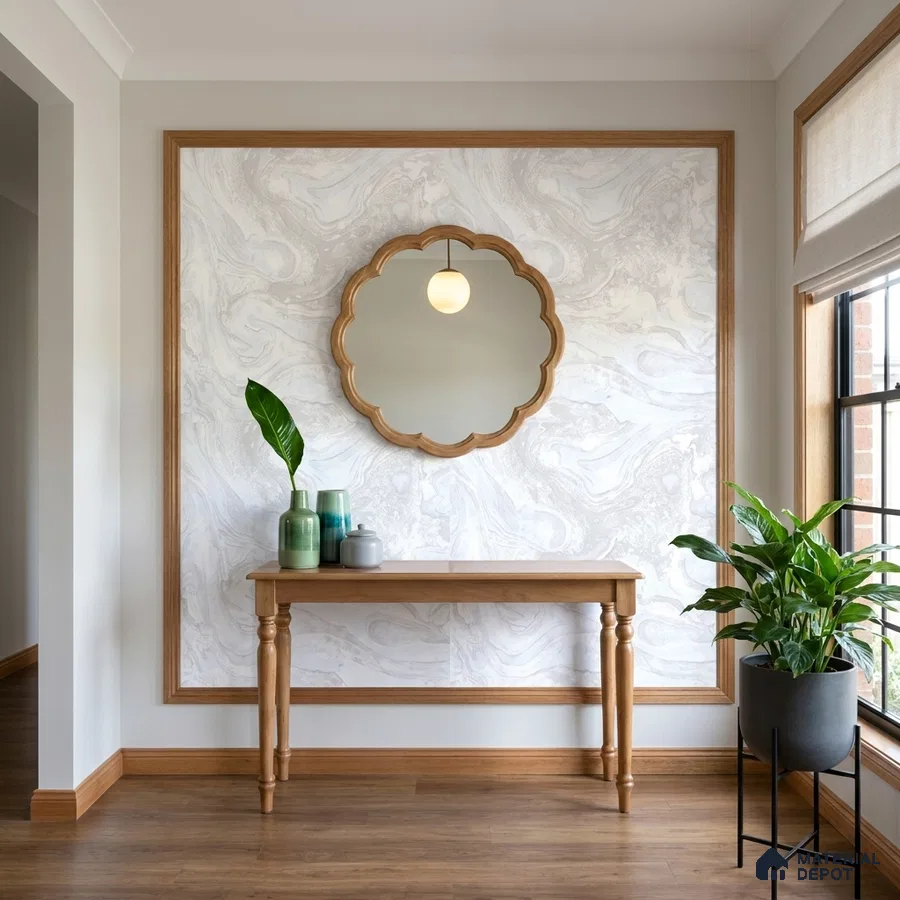Scandinavian foyer with marble-look wall panel, natural oak wood console, and wooden flooring