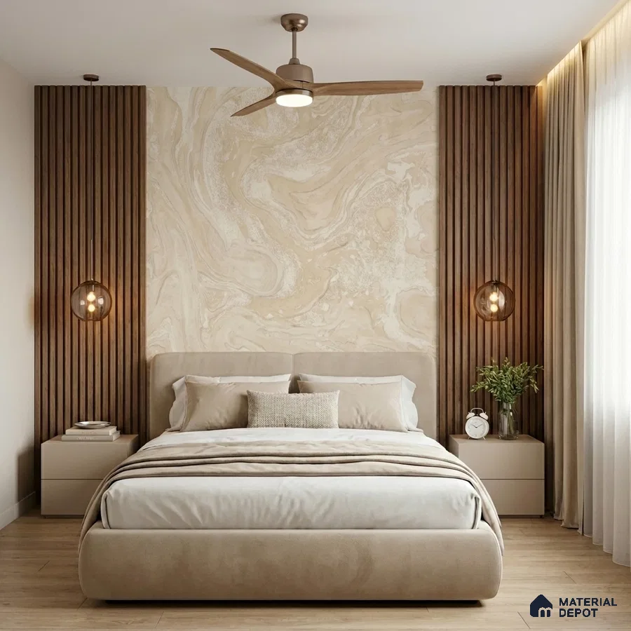 Minimalist bedroom with beige marble accent wall and walnut wood fluted panels