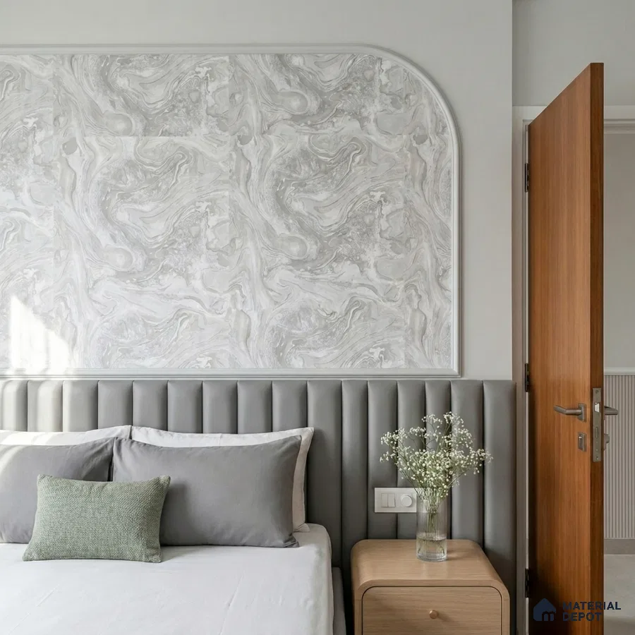 Minimalist bedroom with grey marble-look wallpaper and fluted upholstered headboard
