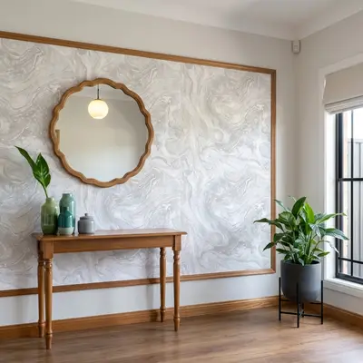 Scandinavian foyer with marble-look wallpaper, oak wood trim, and wooden flooring